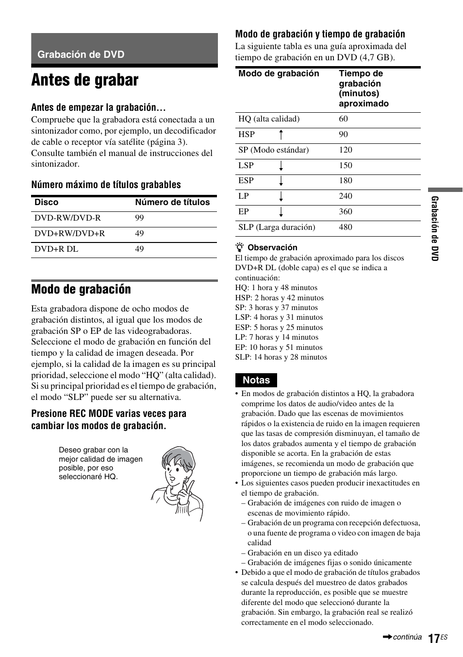 Grabación de dvd, Antes de grabar, Modo de grabación | Sony RDR-VX535 User Manual | Page 143 / 160