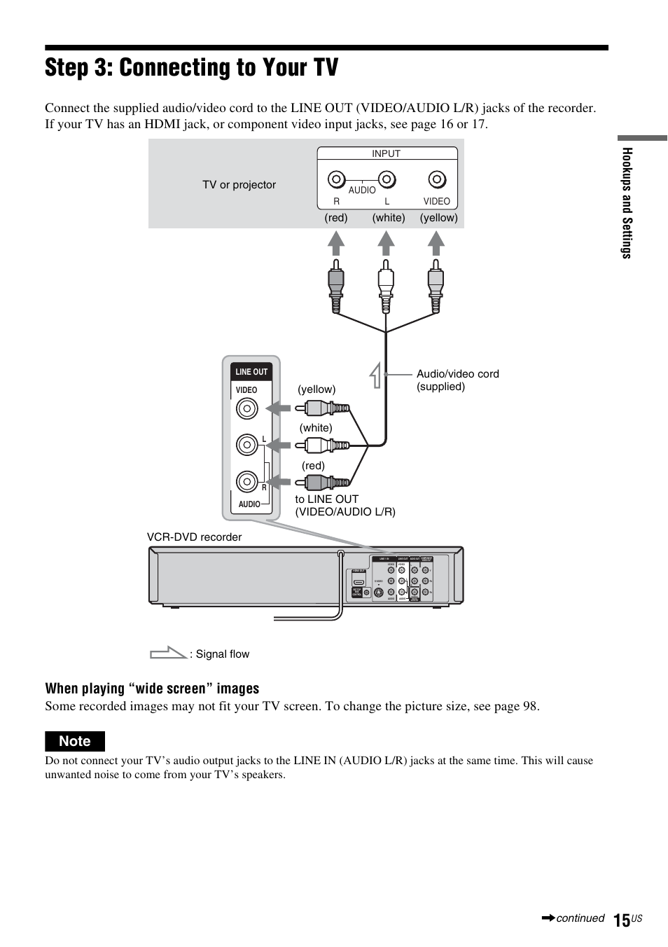 Step 3: connecting to your tv, When playing “wide screen” images, Hook ups and se tti n gs | Sony RDR-VX535 User Manual | Page 15 / 160