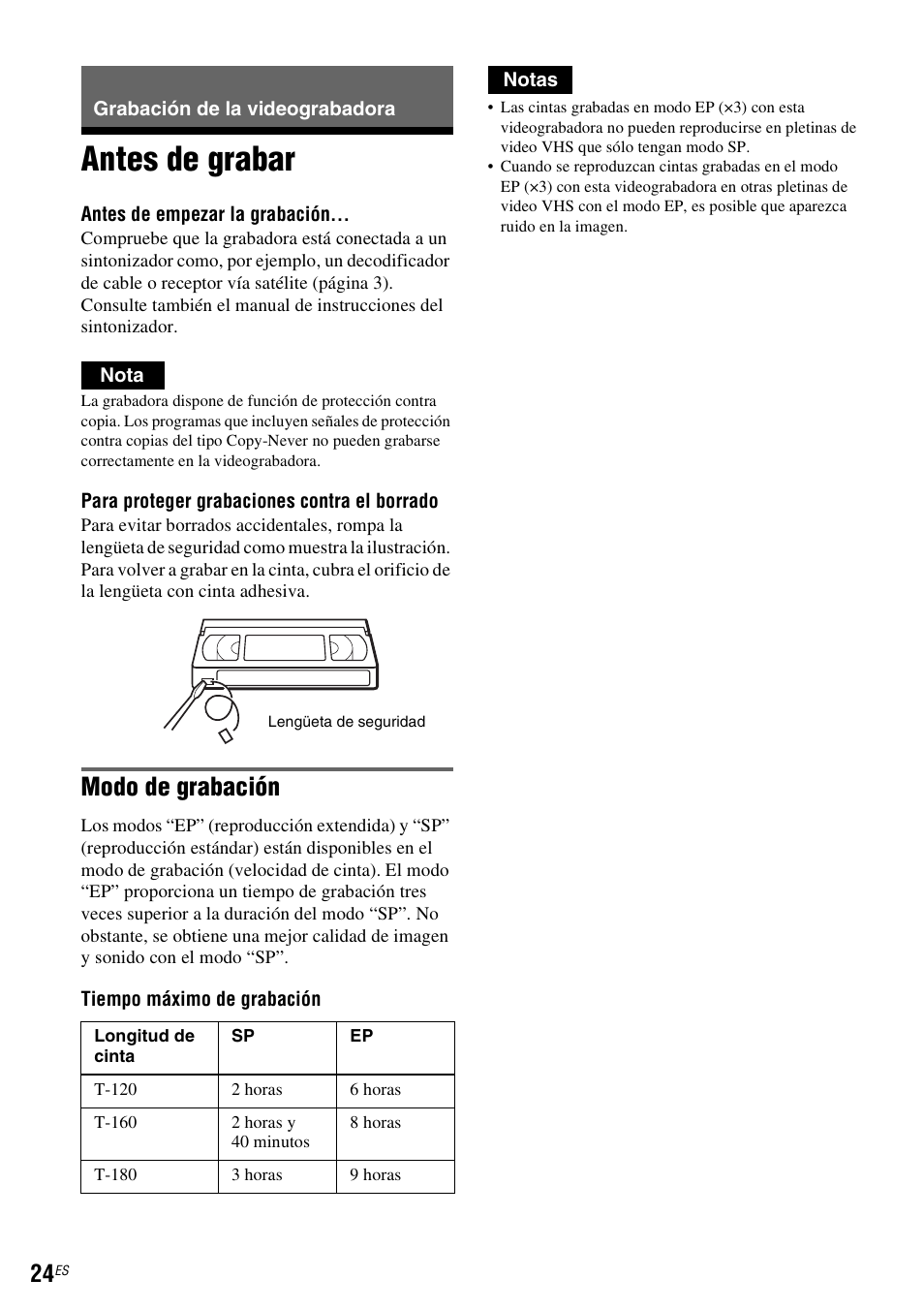 Grabación de la videograbadora, Antes de grabar, Modo de grabación | Sony RDR-VX535 User Manual | Page 150 / 160