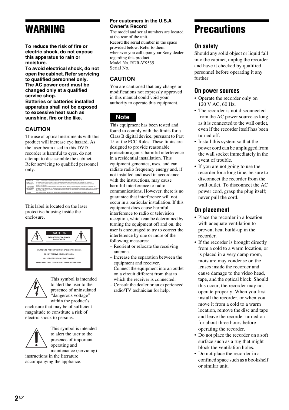 Warning, Precautions, On safety | On power sources, On placement | Sony RDR-VX535 User Manual | Page 2 / 160