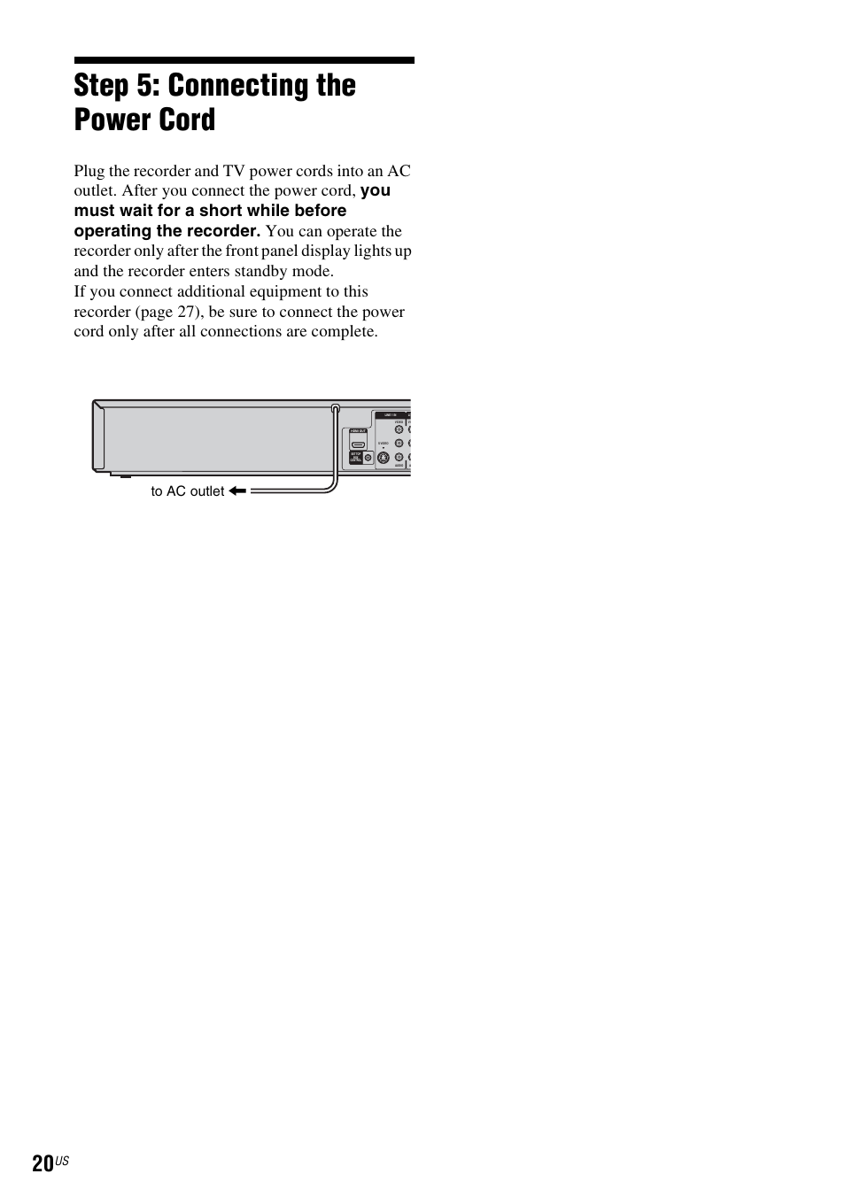 Step 5: connecting the power cord | Sony RDR-VX535 User Manual | Page 20 / 160