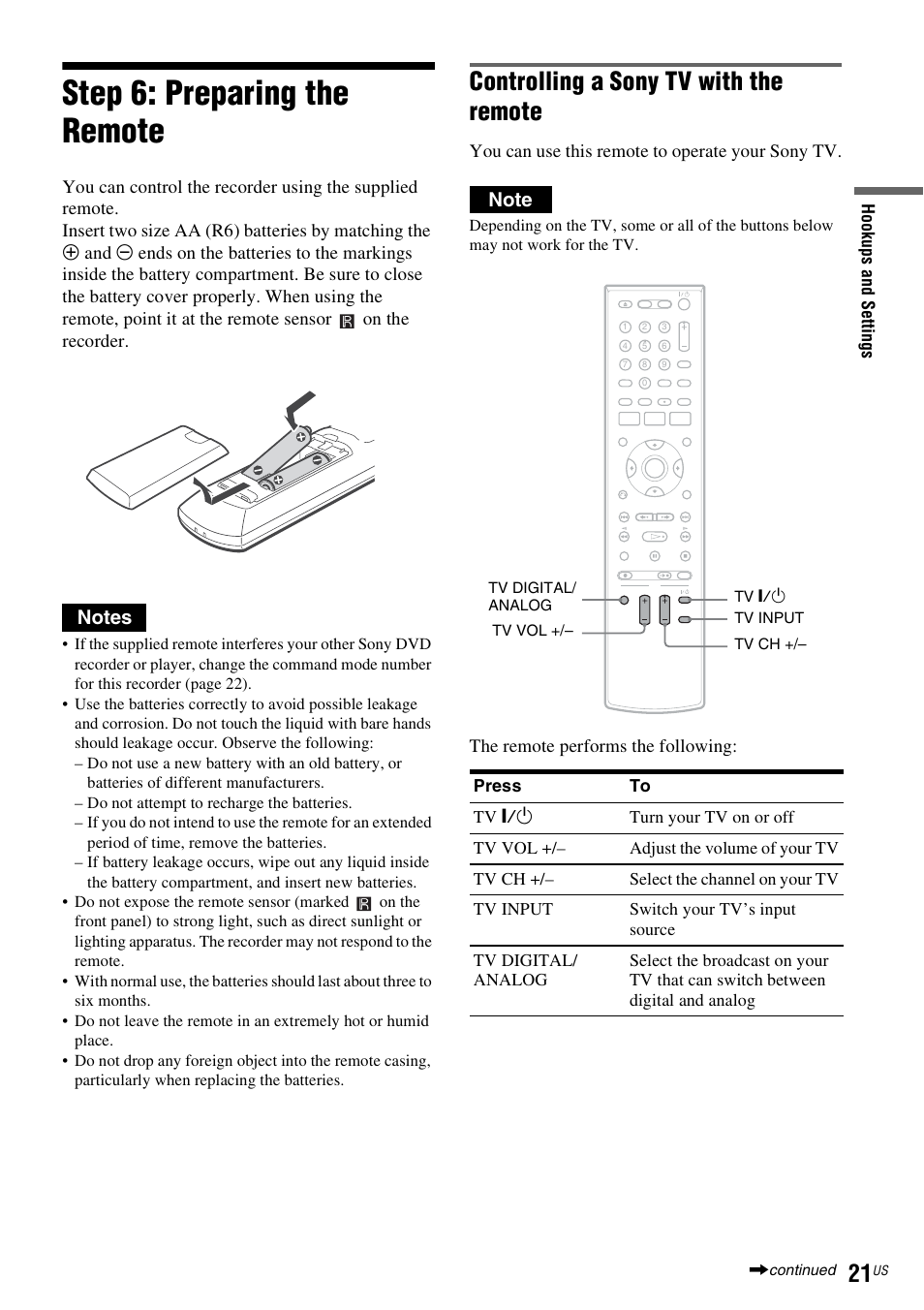 Step 6: preparing the remote, Controlling a sony tv with the remote, You can use this remote to operate your sony tv | The remote performs the following | Sony RDR-VX535 User Manual | Page 21 / 160