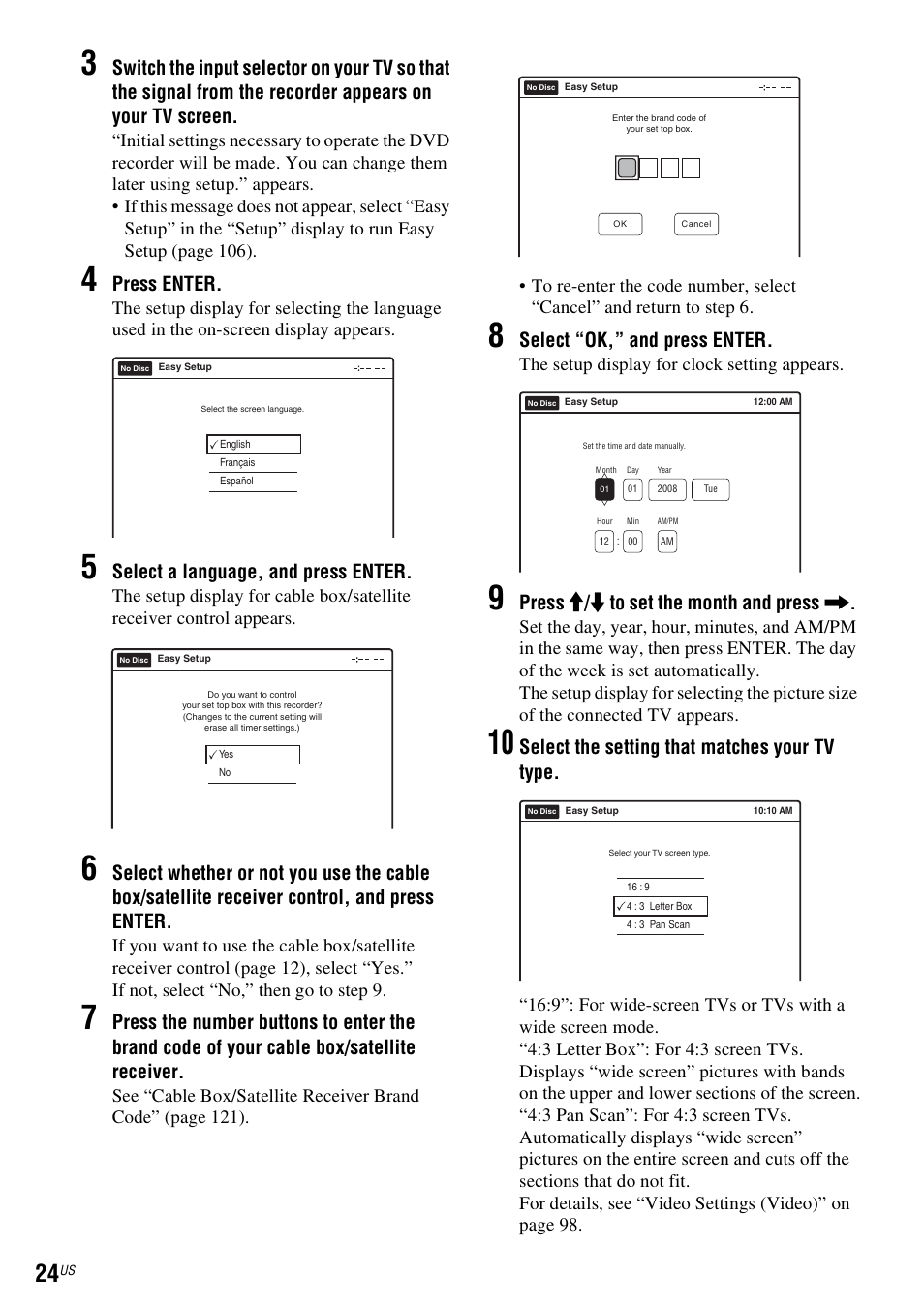 Press enter, Select a language, and press enter, Select “ok,” and press enter | Press m / m to set the month and press, Select the setting that matches your tv type, The setup display for clock setting appears | Sony RDR-VX535 User Manual | Page 24 / 160