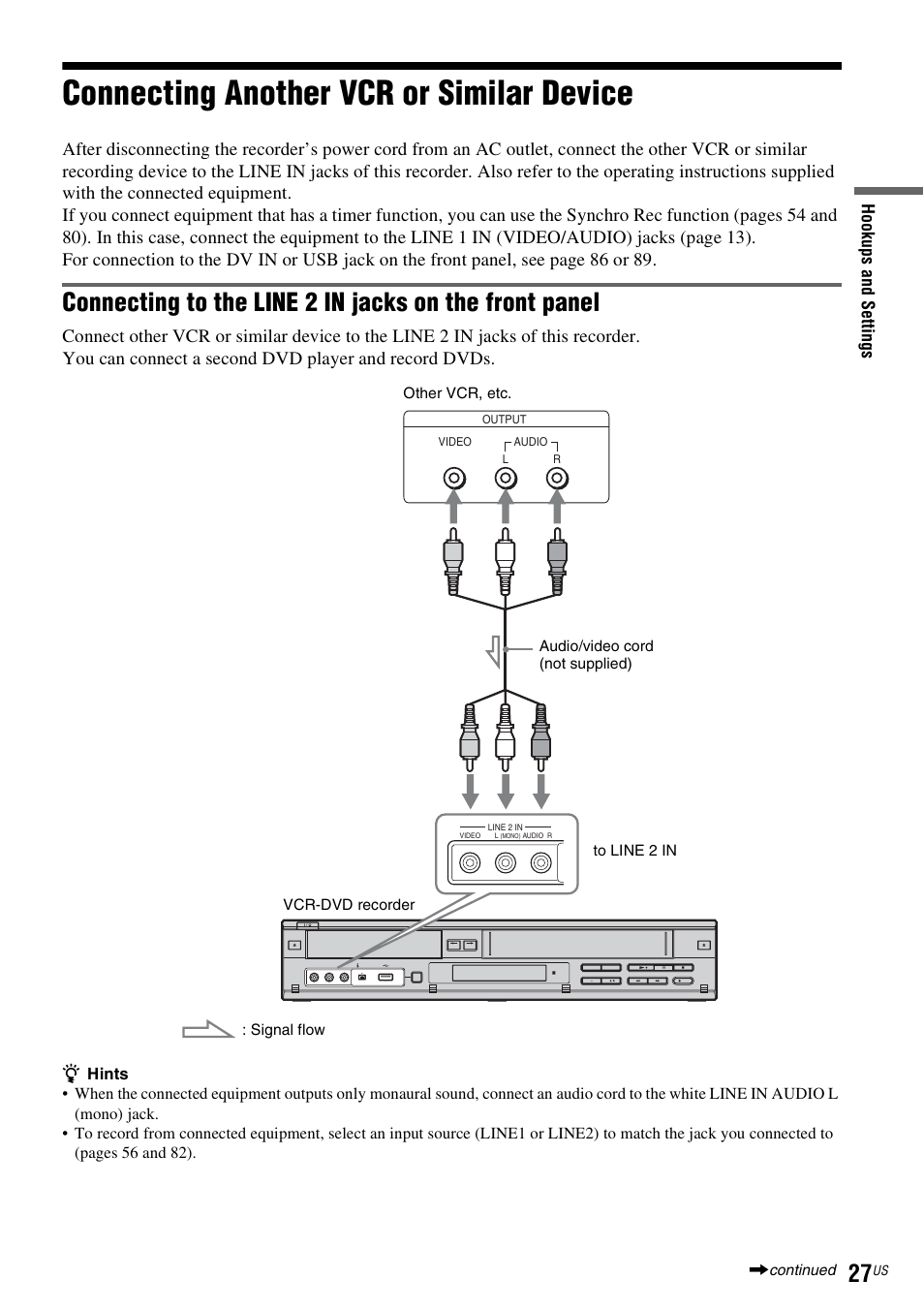 Connecting another vcr or similar device | Sony RDR-VX535 User Manual | Page 27 / 160