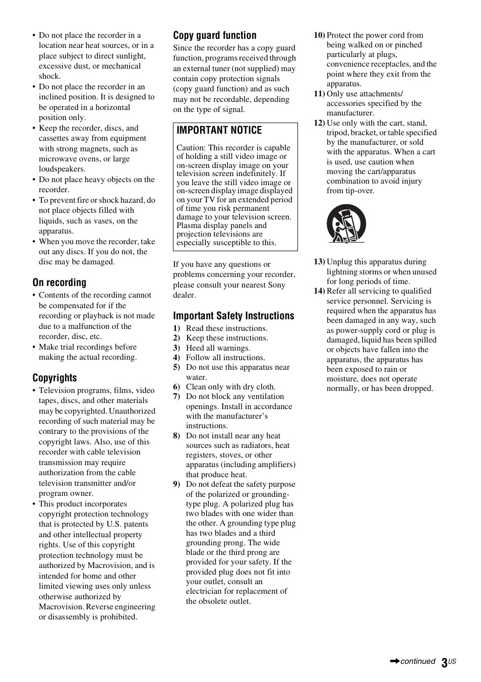 On recording, Copyrights, Copy guard function | Important safety instructions, Important notice | Sony RDR-VX535 User Manual | Page 3 / 160