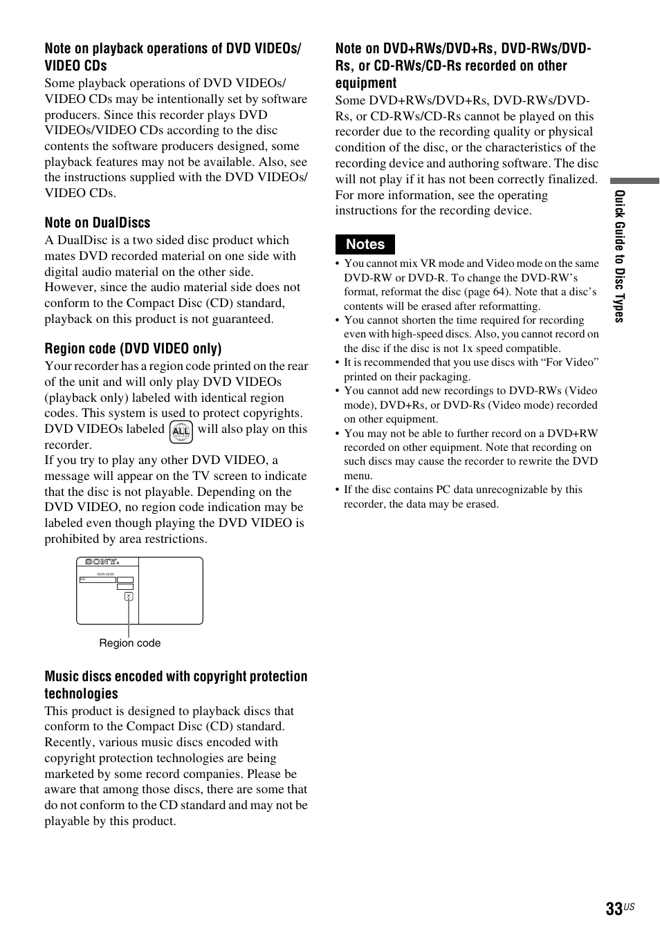 Region code (dvd video only) | Sony RDR-VX535 User Manual | Page 33 / 160