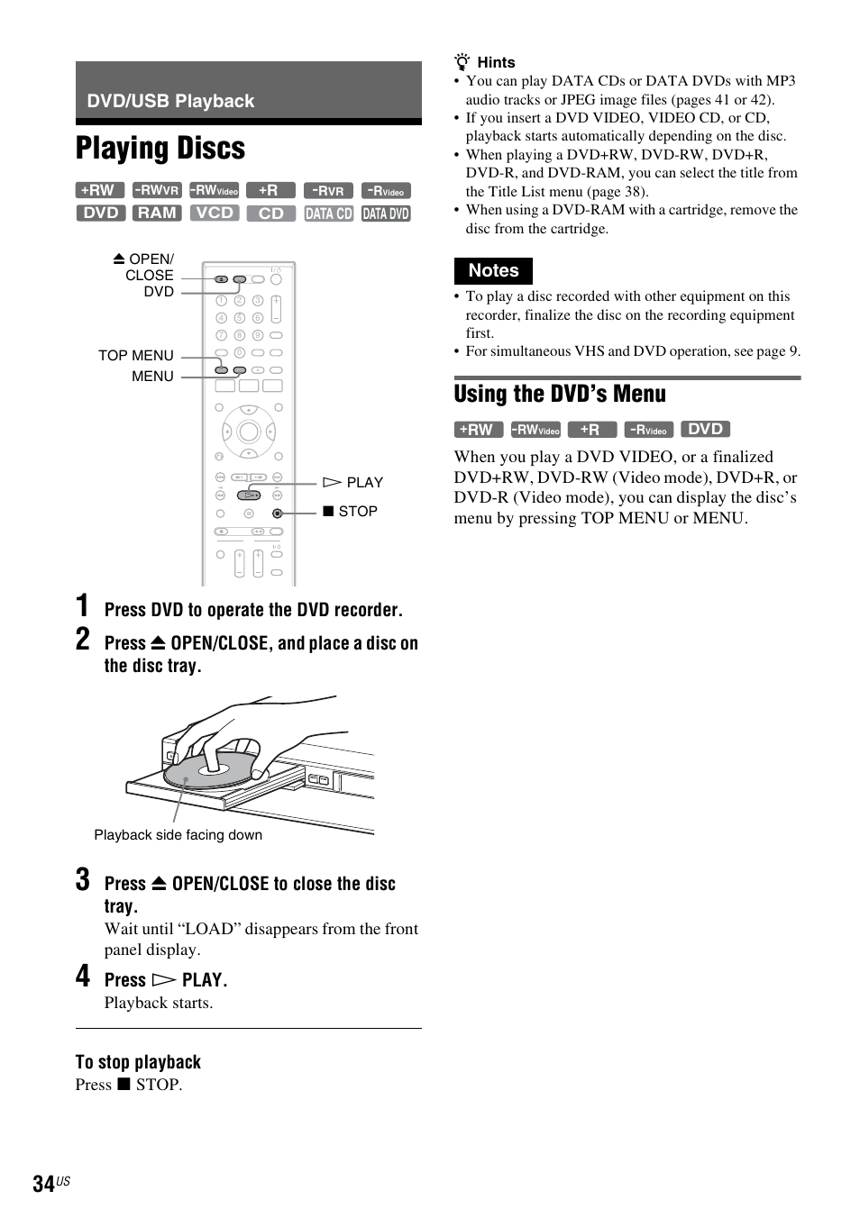 Dvd/usb playback, Playing discs, Playing discs 1 | Using the dvd’s menu, Press dvd to operate the dvd recorder, Press z open/close to close the disc tray, Press h play, Playback starts, Press x stop | Sony RDR-VX535 User Manual | Page 34 / 160