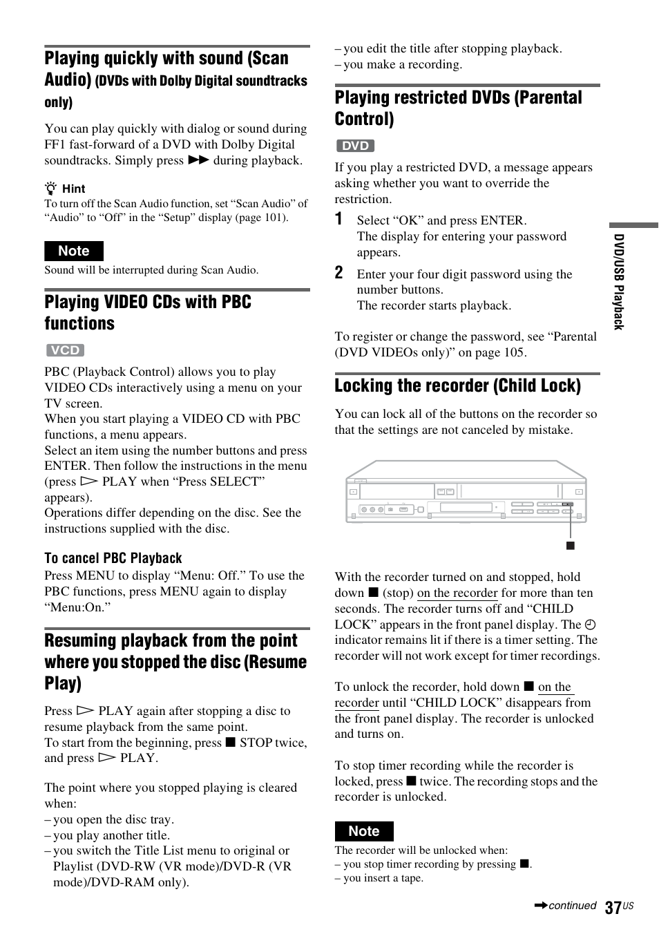 Playing quickly with sound (scan audio), Playing video cds with pbc functions, Playing restricted dvds (parental control) | Locking the recorder (child lock) | Sony RDR-VX535 User Manual | Page 37 / 160