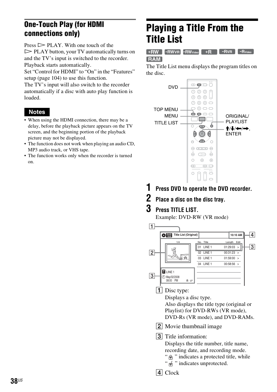 Playing a title from the title list, One-touch play (for hdmi connections only), Press dvd to operate the dvd recorder | Place a disc on the disc tray, Press title list, A disc type, B movie thumbnail image c title information, D clock, Example: dvd-rw (vr mode) | Sony RDR-VX535 User Manual | Page 38 / 160