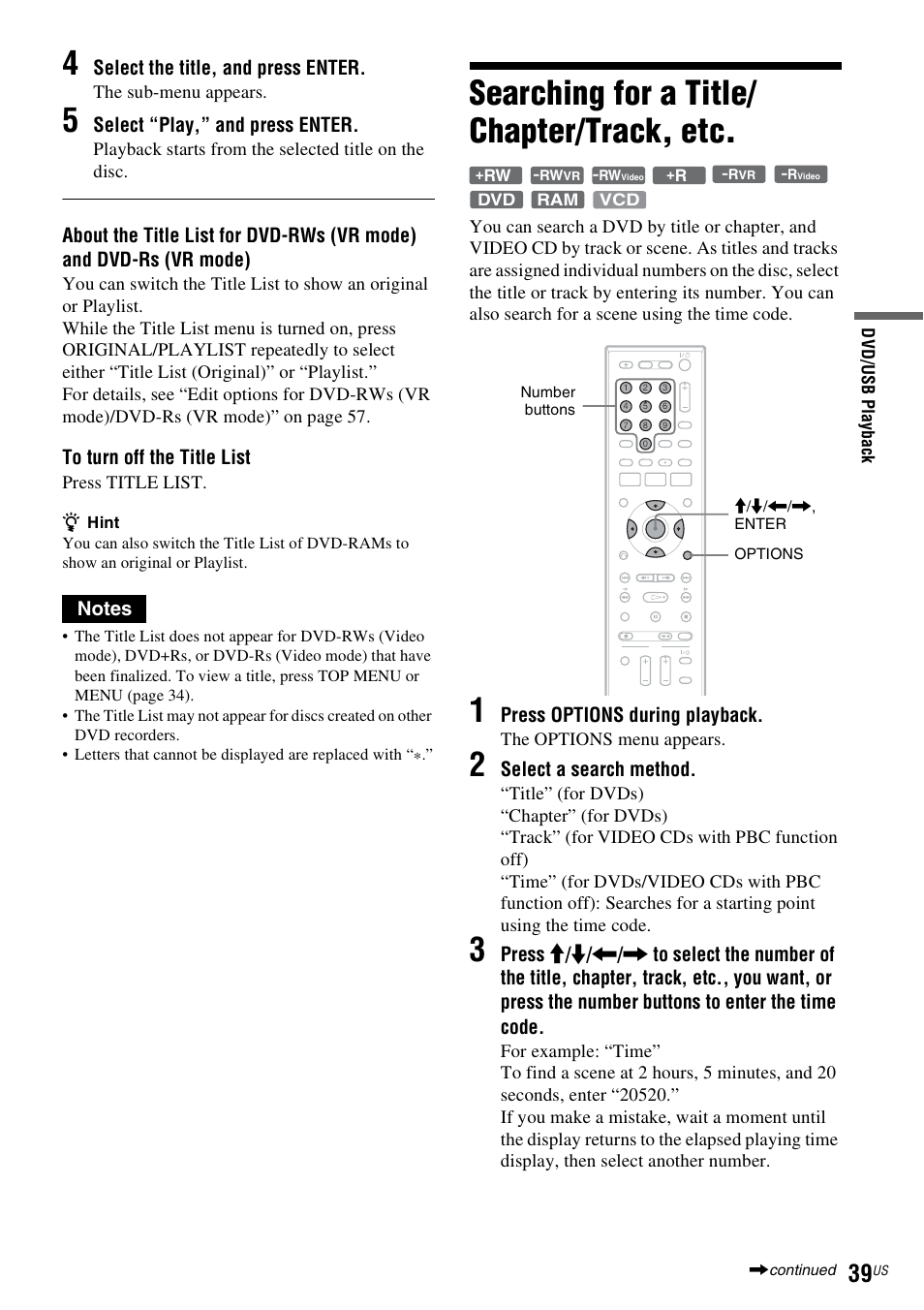 Searching for a title/ chapter/track, etc, Searching for a title/chapter/track, etc, Select the title, and press enter | Select “play,” and press enter, Press options during playback, Select a search method | Sony RDR-VX535 User Manual | Page 39 / 160