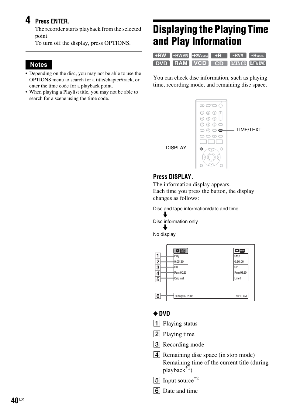 Displaying the playing time and play information, Press enter, Press display | E input source, F date and time | Sony RDR-VX535 User Manual | Page 40 / 160
