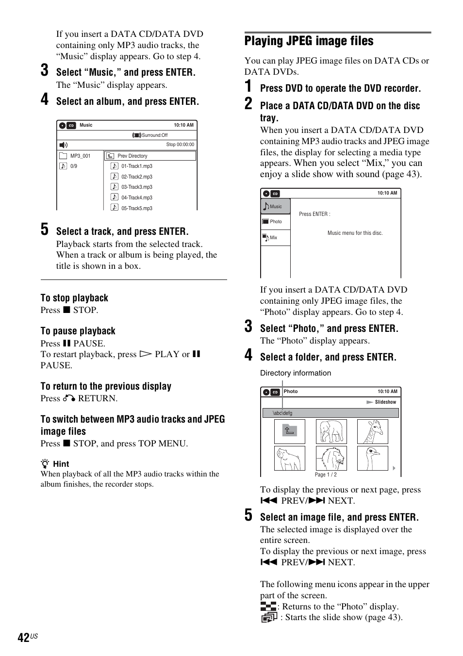 Playing jpeg image files | Sony RDR-VX535 User Manual | Page 42 / 160