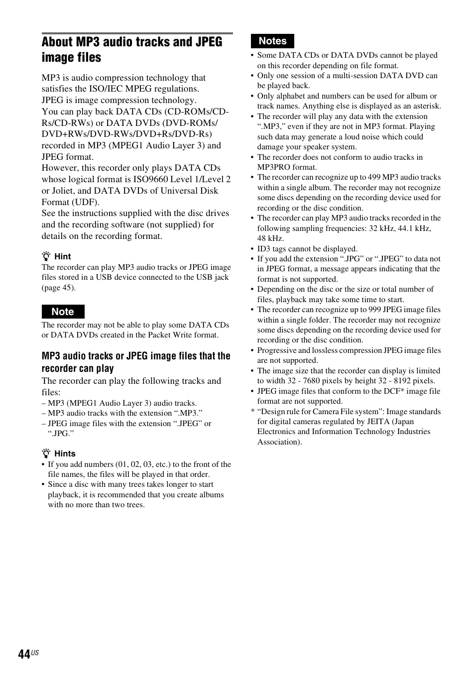 About mp3 audio tracks and jpeg image files | Sony RDR-VX535 User Manual | Page 44 / 160