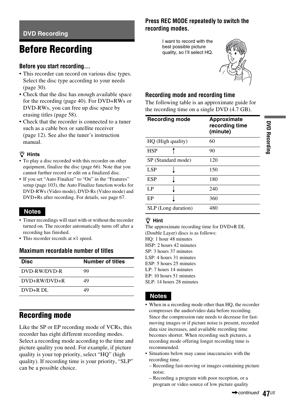 Dvd recording, Before recording, Recording mode | Sony RDR-VX535 User Manual | Page 47 / 160