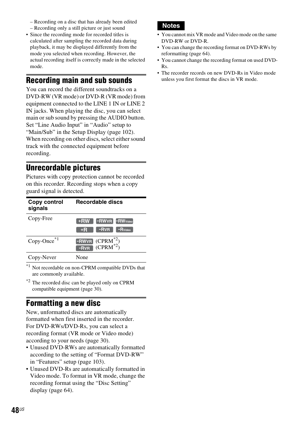 Recording main and sub sounds, Unrecordable pictures, Formatting a new disc | Sony RDR-VX535 User Manual | Page 48 / 160