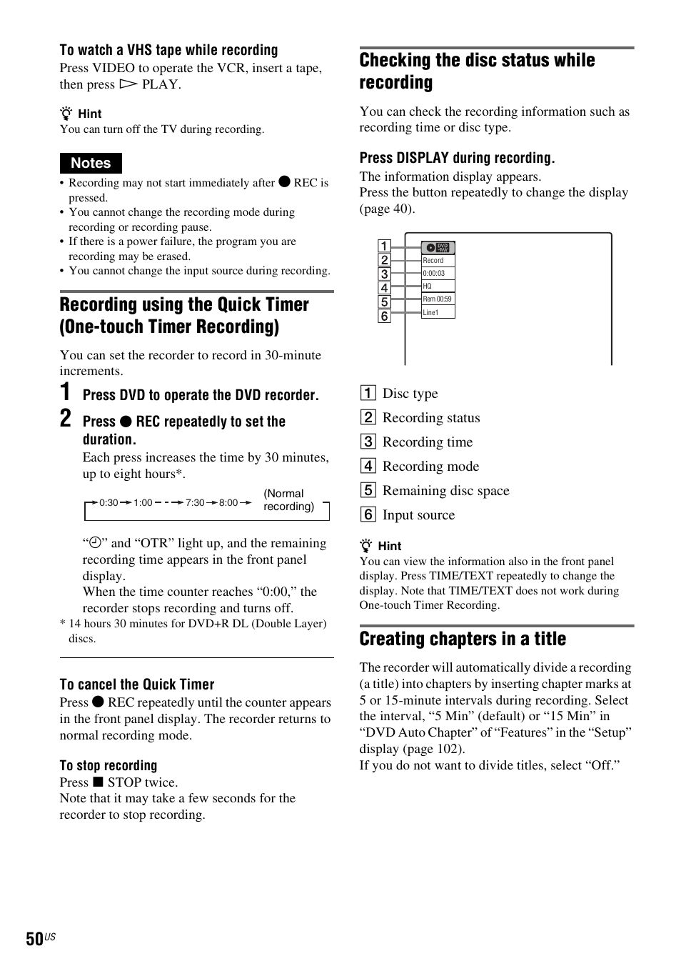 Checking the disc status while recording, Creating chapters in a title | Sony RDR-VX535 User Manual | Page 50 / 160