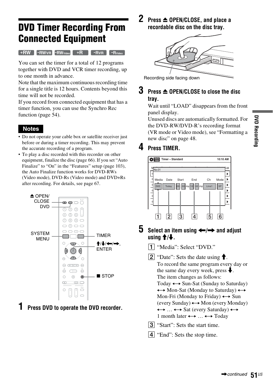 Dvd timer recording from connected equipment, Press dvd to operate the dvd recorder, Press z open/close to close the disc tray | Press timer, Dv d re co rd in g | Sony RDR-VX535 User Manual | Page 51 / 160