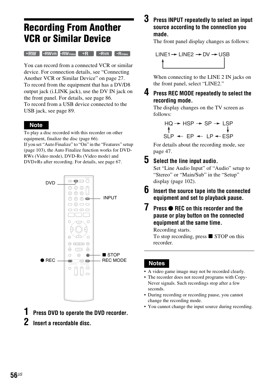 Recording from another vcr or similar device | Sony RDR-VX535 User Manual | Page 56 / 160