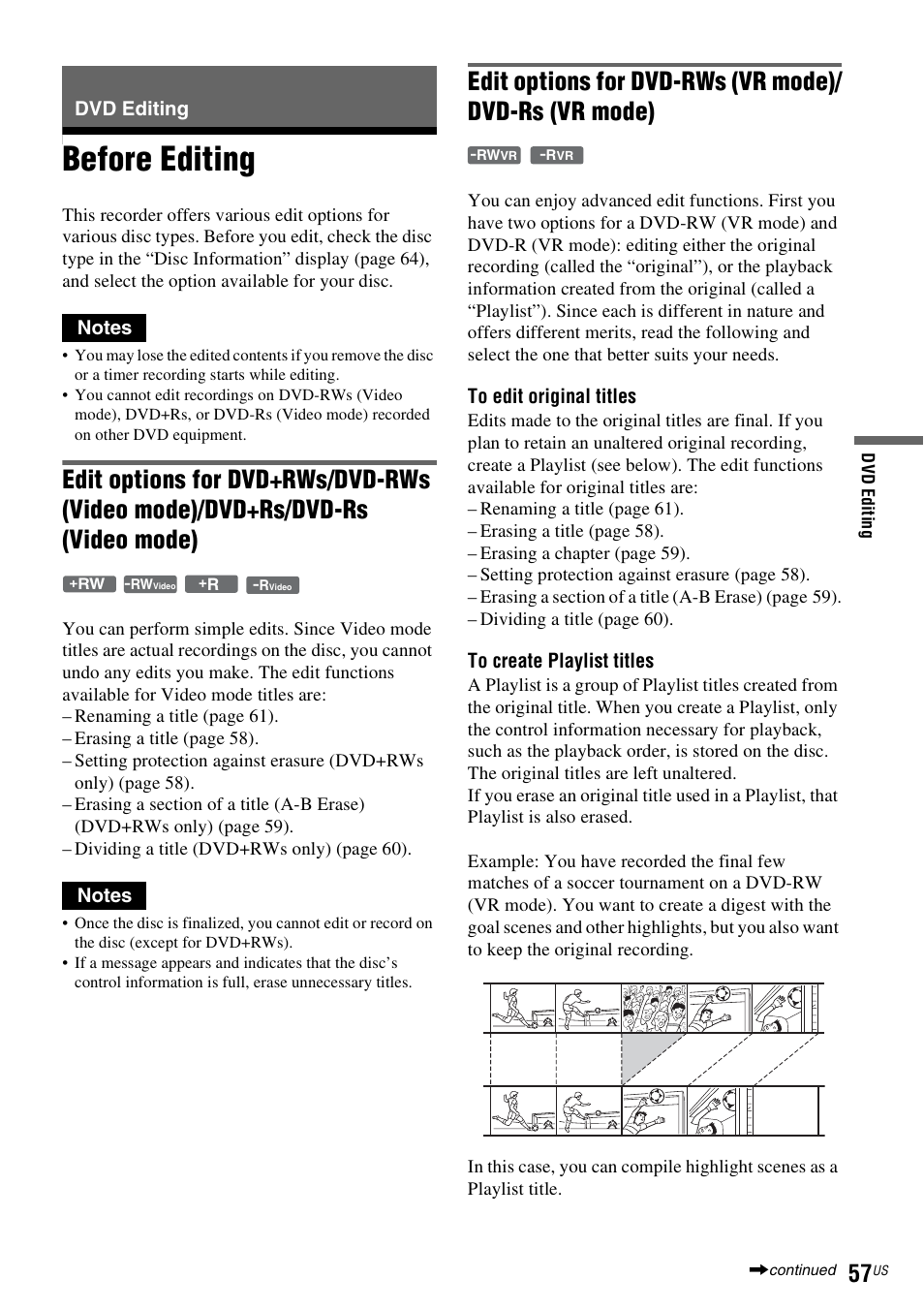 Dvd editing, Before editing | Sony RDR-VX535 User Manual | Page 57 / 160