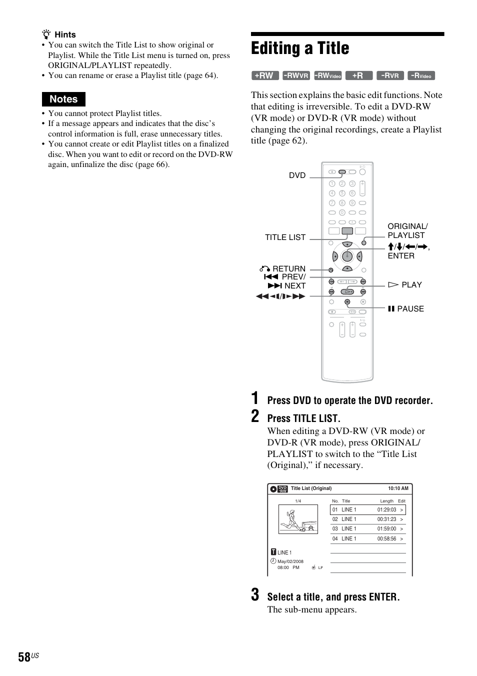 Editing a title, Press dvd to operate the dvd recorder, Press title list | Select a title, and press enter, The sub-menu appears | Sony RDR-VX535 User Manual | Page 58 / 160