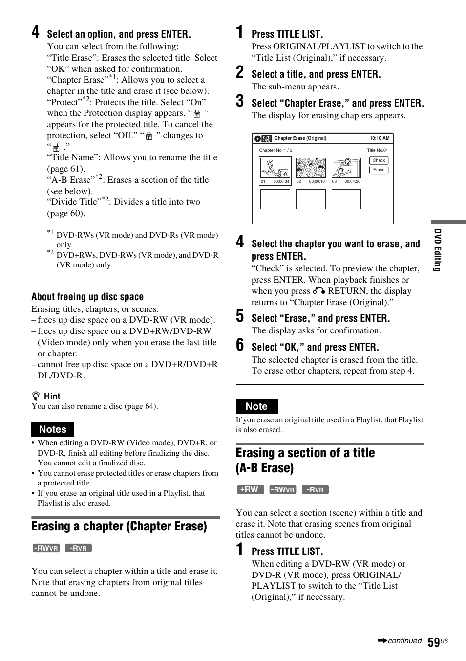 Erasing a chapter (chapter erase) | Sony RDR-VX535 User Manual | Page 59 / 160