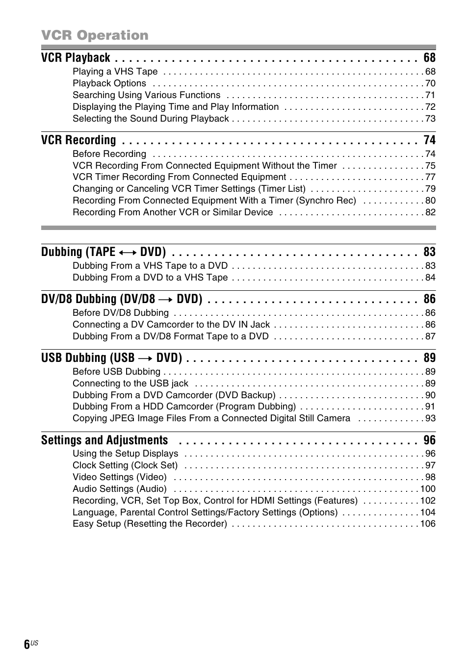 Vcr operation | Sony RDR-VX535 User Manual | Page 6 / 160