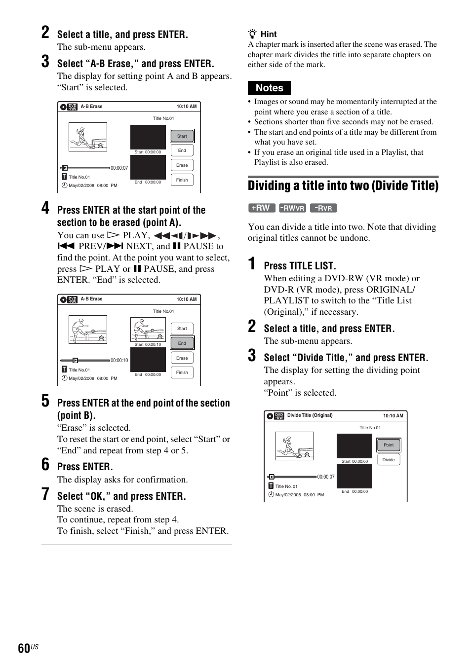 Dividing a title into two (divide title), Select a title, and press enter, Select “a-b erase,” and press enter | Press enter, Select “ok,” and press enter, Press title list, Select “divide title,” and press enter | Sony RDR-VX535 User Manual | Page 60 / 160