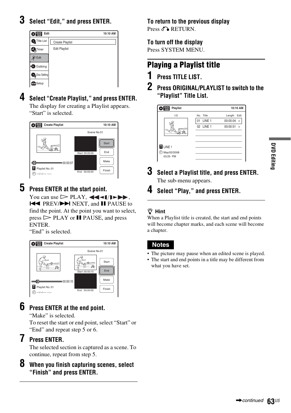 Playing a playlist title, Select “edit,” and press enter, Select “create playlist,” and press enter | Press enter at the start point, Press enter at the end point, Press enter, Press title list, Select a playlist title, and press enter, Select “play,” and press enter, Press o return | Sony RDR-VX535 User Manual | Page 63 / 160