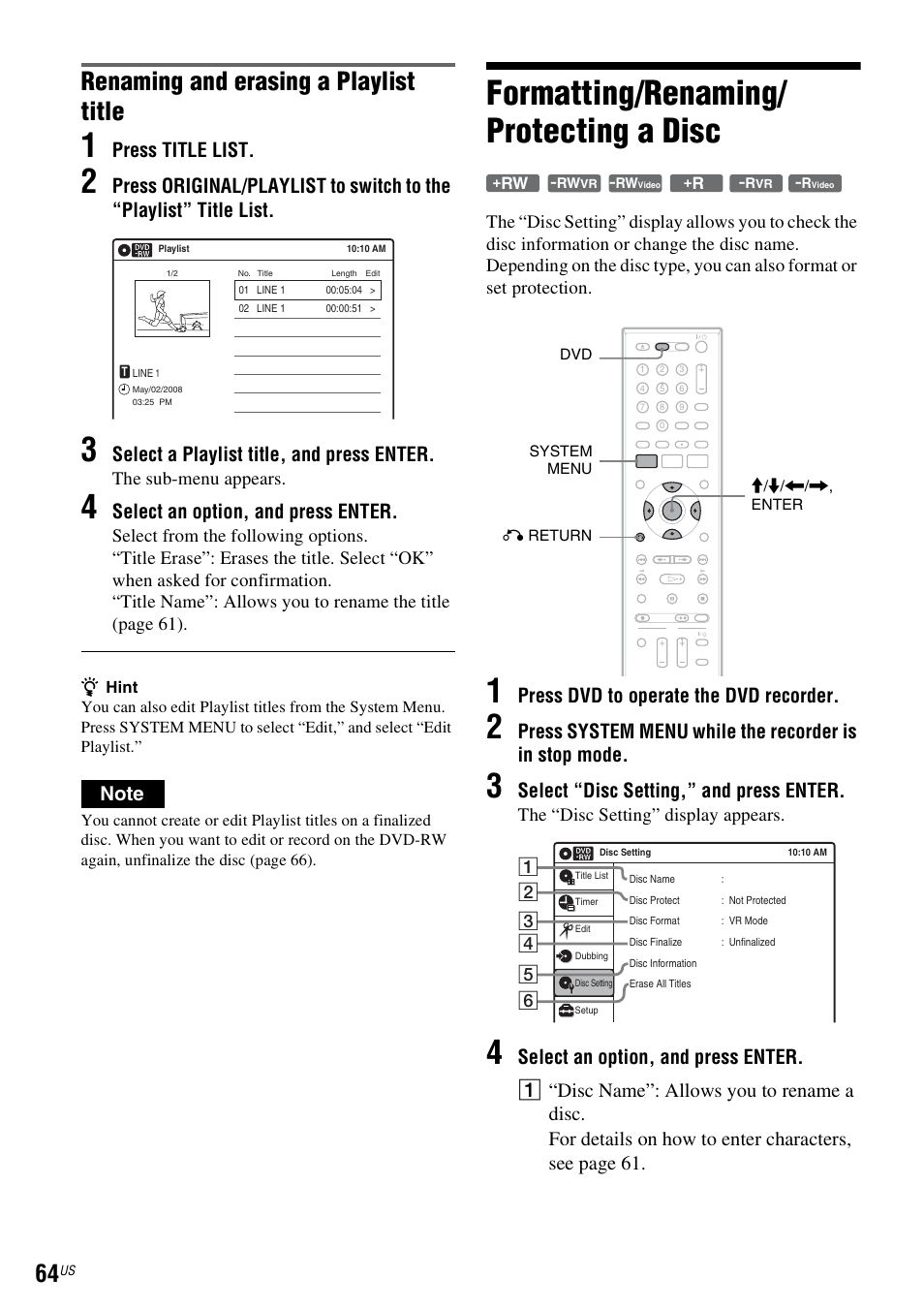 Formatting/renaming/ protecting a disc, Formatting/renaming/protecting a disc, Renaming and erasing a playlist title | Press title list, Select a playlist title, and press enter, Select an option, and press enter, Press dvd to operate the dvd recorder, Select “disc setting,” and press enter, The sub-menu appears, The “disc setting” display appears | Sony RDR-VX535 User Manual | Page 64 / 160