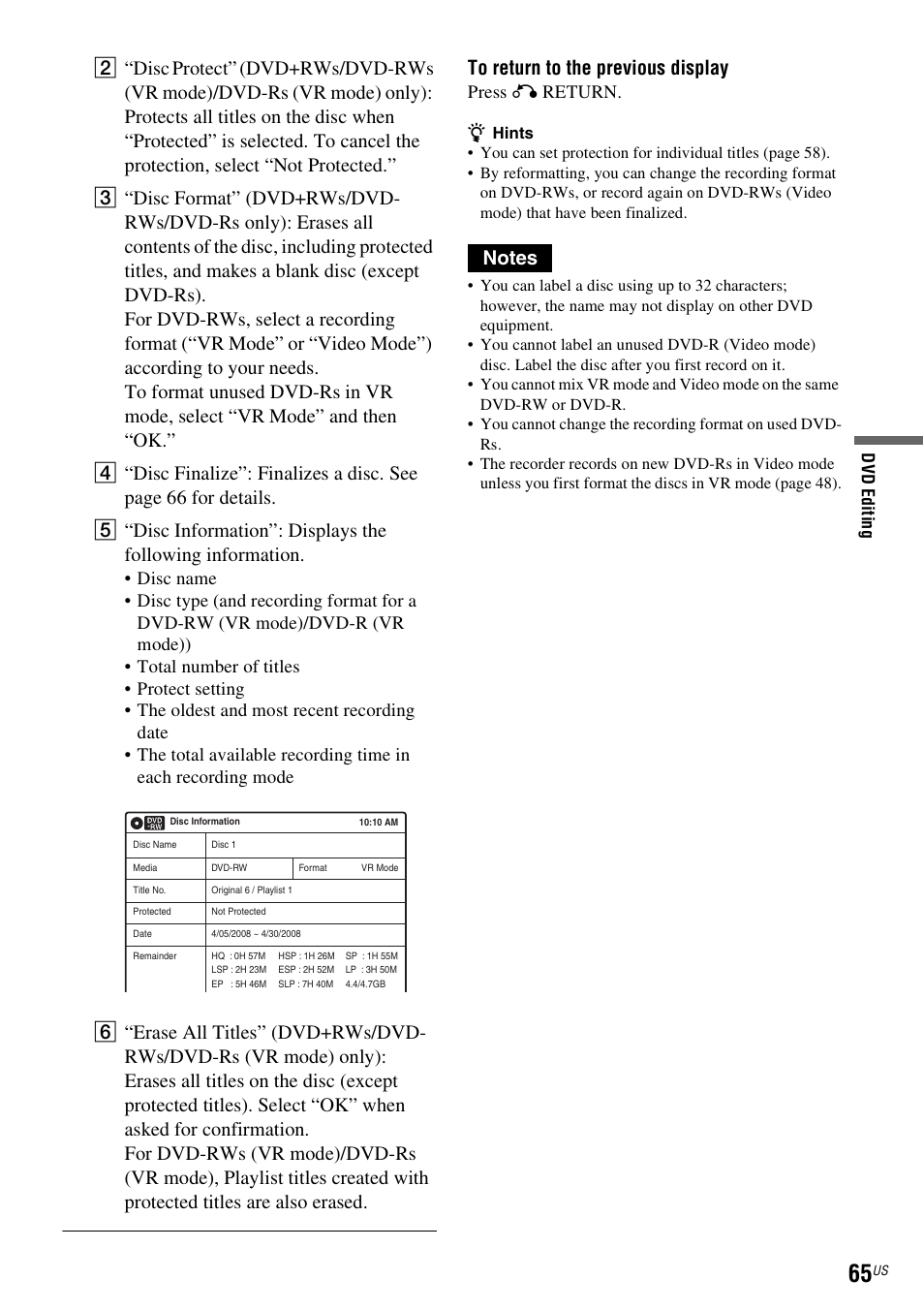 Press o return | Sony RDR-VX535 User Manual | Page 65 / 160