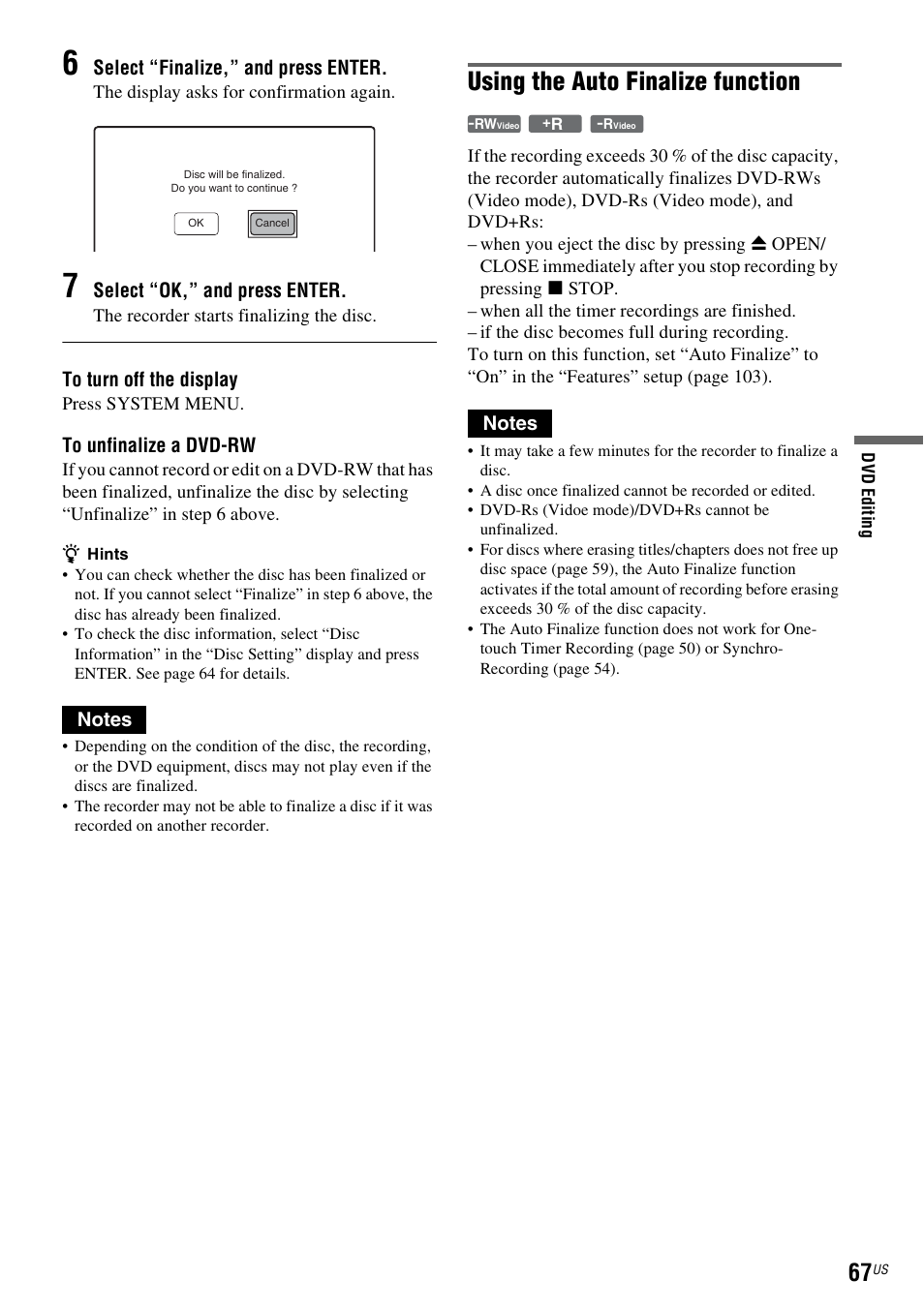 Using the auto finalize function | Sony RDR-VX535 User Manual | Page 67 / 160