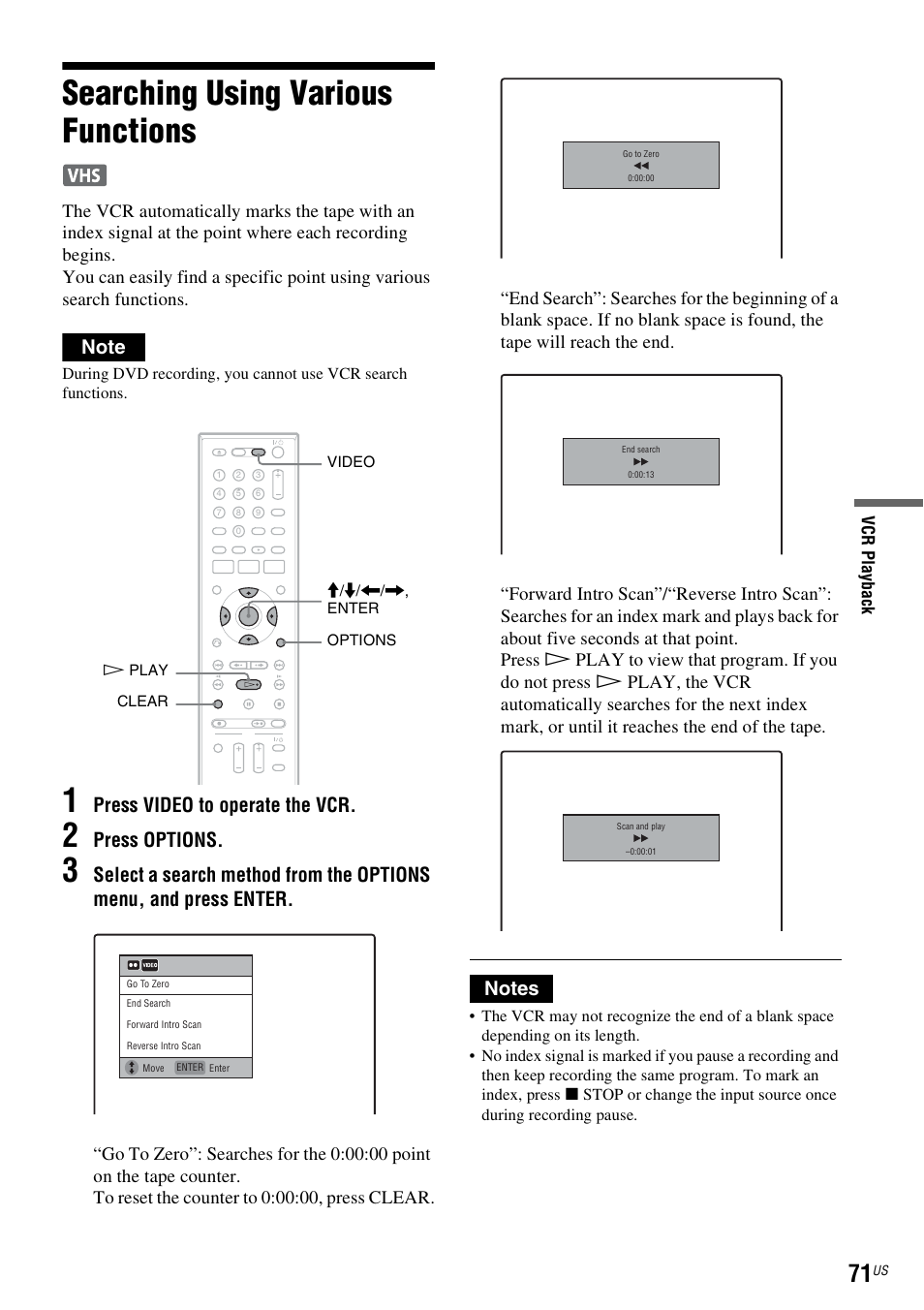 Searching using various functions, Press video to operate the vcr, Press options | Sony RDR-VX535 User Manual | Page 71 / 160