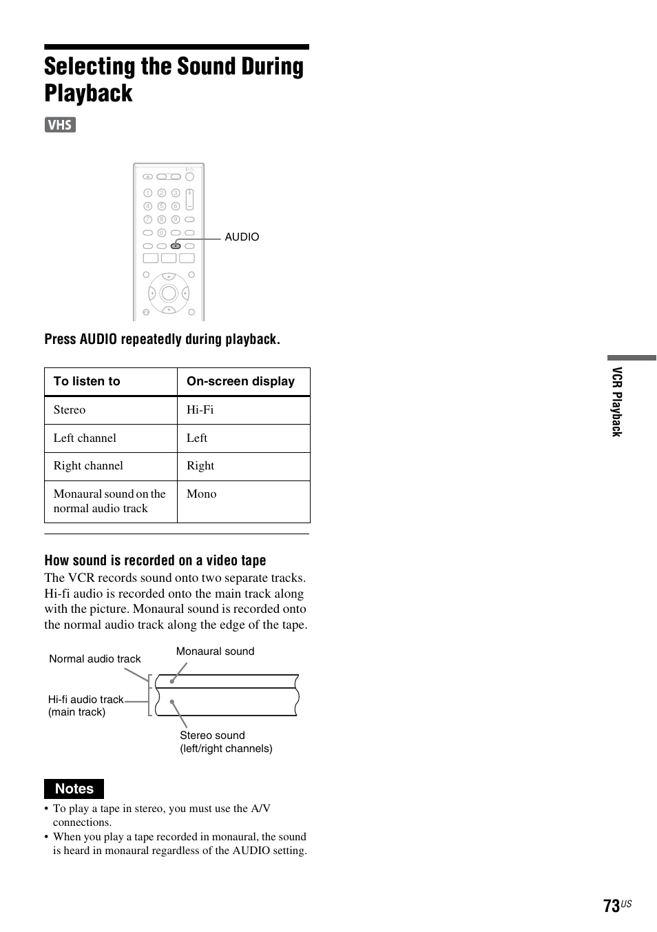 Selecting the sound during playback | Sony RDR-VX535 User Manual | Page 73 / 160