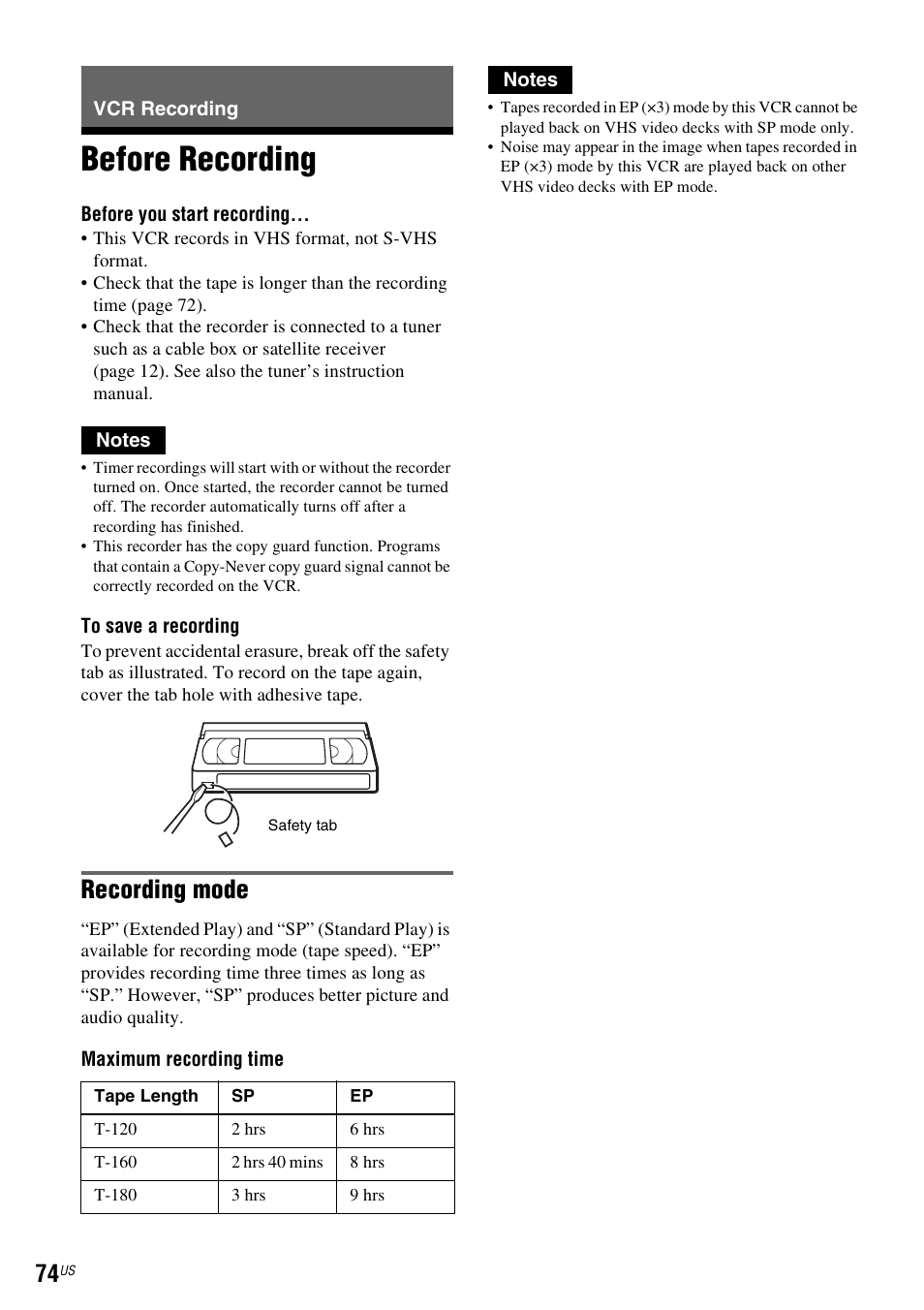 Vcr recording, Before recording, Recording mode | Sony RDR-VX535 User Manual | Page 74 / 160