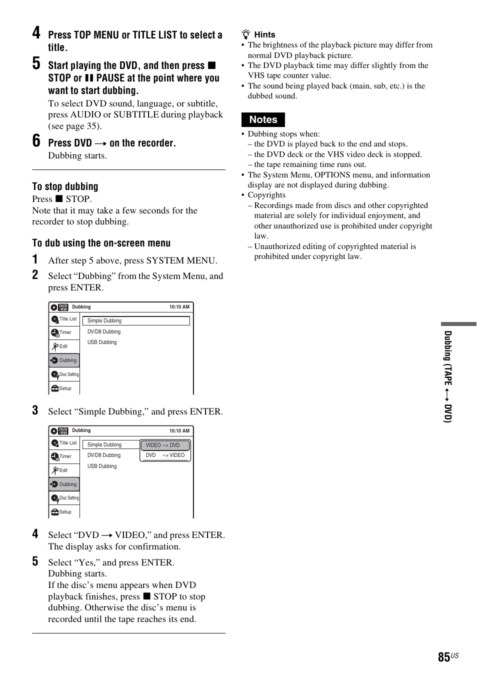 Press top menu or title list to select a title, Press dvd t on the recorder | Sony RDR-VX535 User Manual | Page 85 / 160