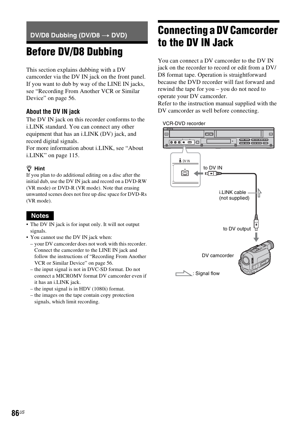 Dv/d8 dubbing (dv/d8 t dvd), Before dv/d8 dubbing, Connecting a dv camcorder to the dv in jack | Sony RDR-VX535 User Manual | Page 86 / 160