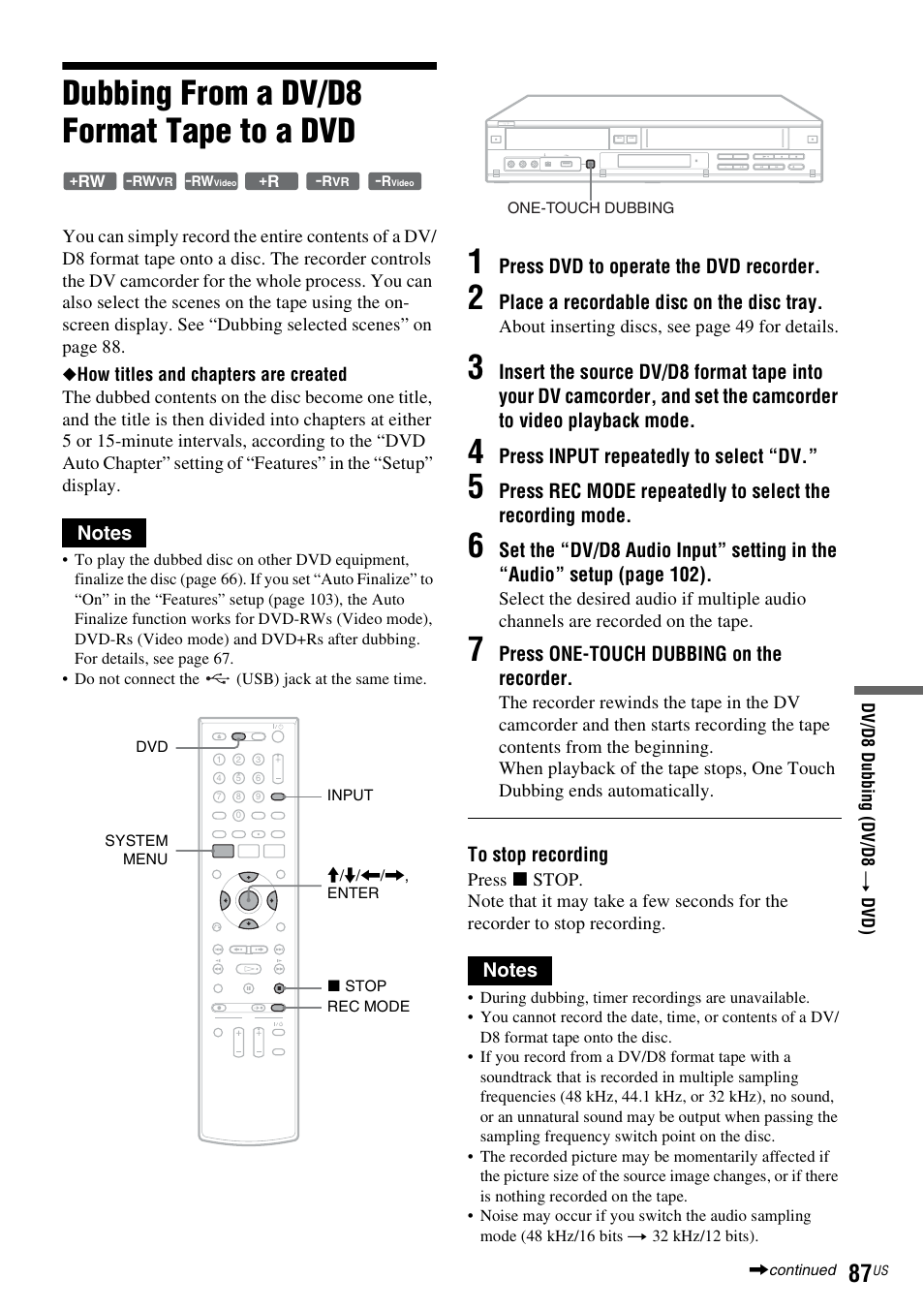 Dubbing from a dv/d8 format tape to a dvd, Press dvd to operate the dvd recorder, Place a recordable disc on the disc tray | Press input repeatedly to select “dv, Press one-touch dubbing on the recorder | Sony RDR-VX535 User Manual | Page 87 / 160