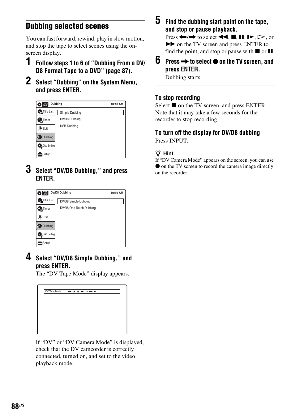 Dubbing selected scenes | Sony RDR-VX535 User Manual | Page 88 / 160