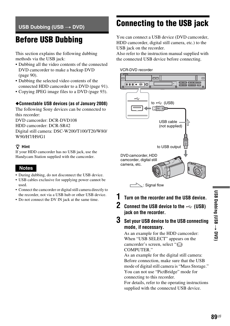 Usb dubbing (usb t dvd), Before usb dubbing, Connecting to the usb jack | Before usb dubbing connecting to the usb jack | Sony RDR-VX535 User Manual | Page 89 / 160
