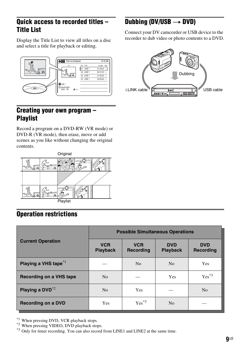 Quick access to recorded titles – title list, Creating your own program – playlist, Dubbing (dv/usb t dvd) | Operation restrictions | Sony RDR-VX535 User Manual | Page 9 / 160