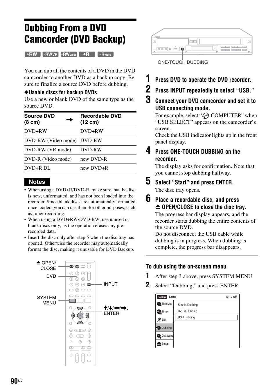 Dubbing from a dvd camcorder (dvd backup), Press dvd to operate the dvd recorder, Press input repeatedly to select “usb | Press one-touch dubbing on the recorder, Select “start” and press enter | Sony RDR-VX535 User Manual | Page 90 / 160