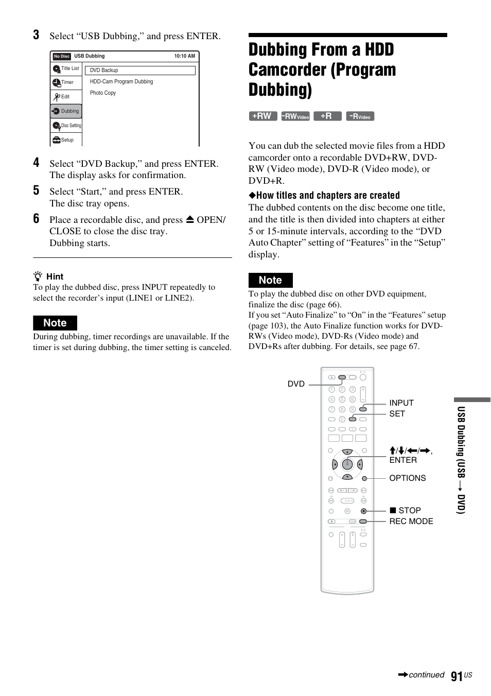 Dubbing from a hdd camcorder (program dubbing), Select “usb dubbing,” and press enter | Sony RDR-VX535 User Manual | Page 91 / 160