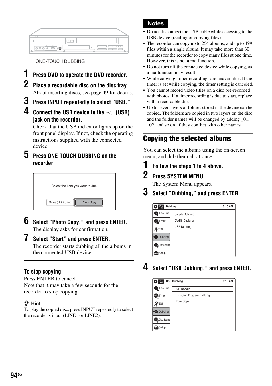 Copying the selected albums | Sony RDR-VX535 User Manual | Page 94 / 160