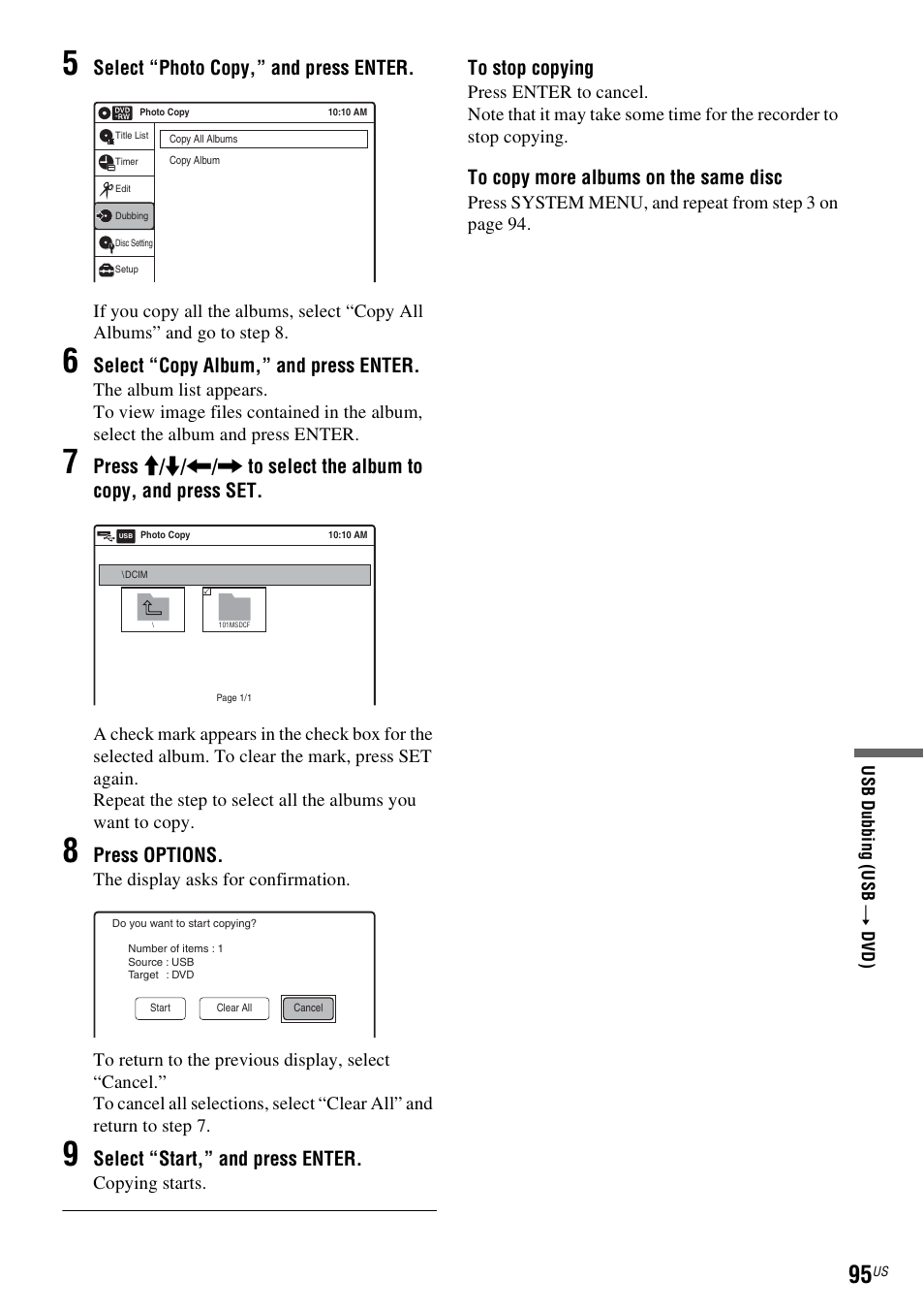 Select “photo copy,” and press enter, Select “copy album,” and press enter, Press options | Select “start,” and press enter | Sony RDR-VX535 User Manual | Page 95 / 160