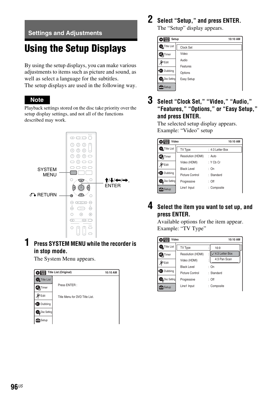 Settings and adjustments, Using the setup displays, Select “setup,” and press enter | The system menu appears, The “setup” display appears | Sony RDR-VX535 User Manual | Page 96 / 160