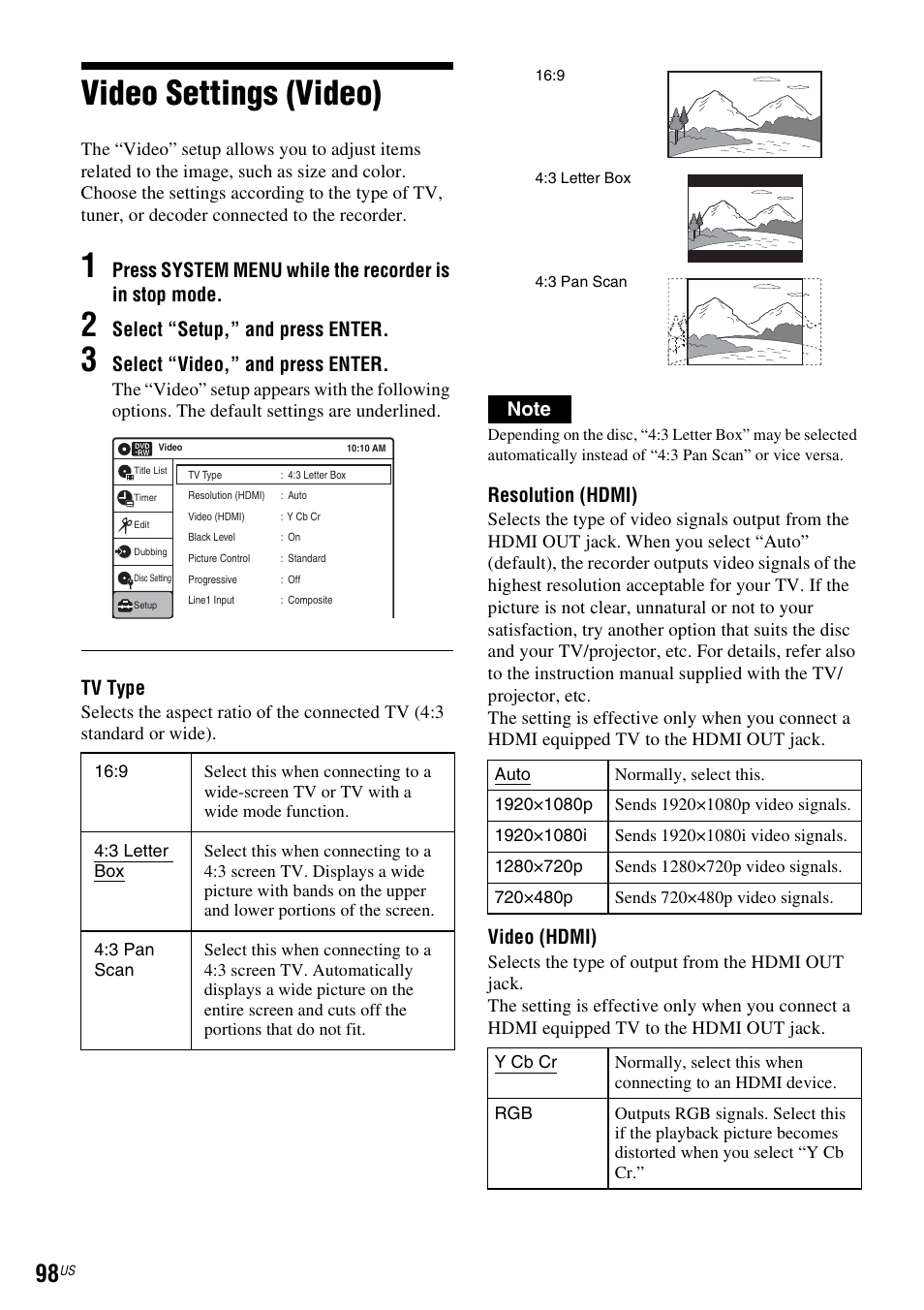 Video settings (video), Select “setup,” and press enter, Select “video,” and press enter | Tv type, Resolution (hdmi), Video (hdmi) | Sony RDR-VX535 User Manual | Page 98 / 160