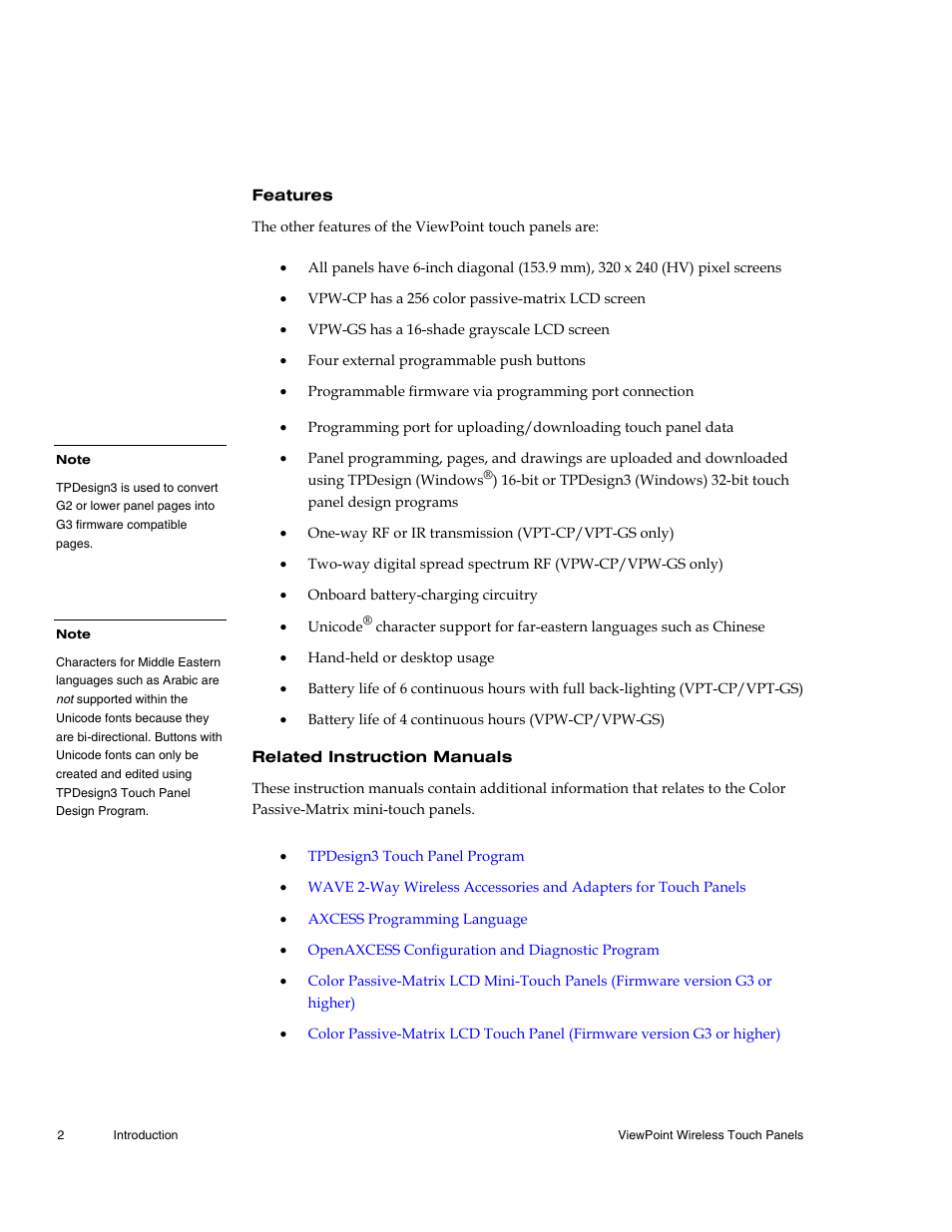 Features, Related instruction manuals | AMX Wireless Touch Panels (Wave Server) User Manual | Page 12 / 198