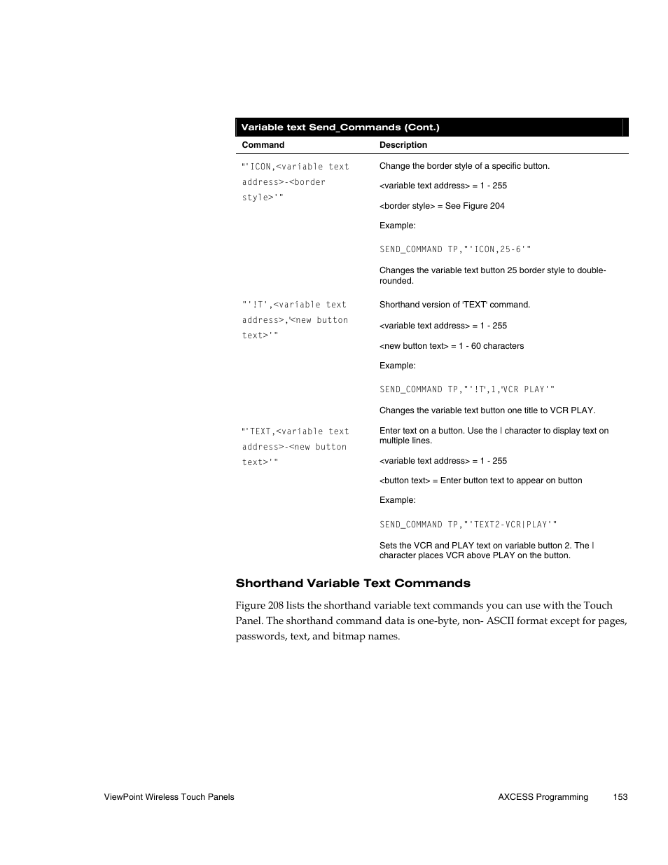 Shorthand variable text commands | AMX Wireless Touch Panels (Wave Server) User Manual | Page 163 / 198