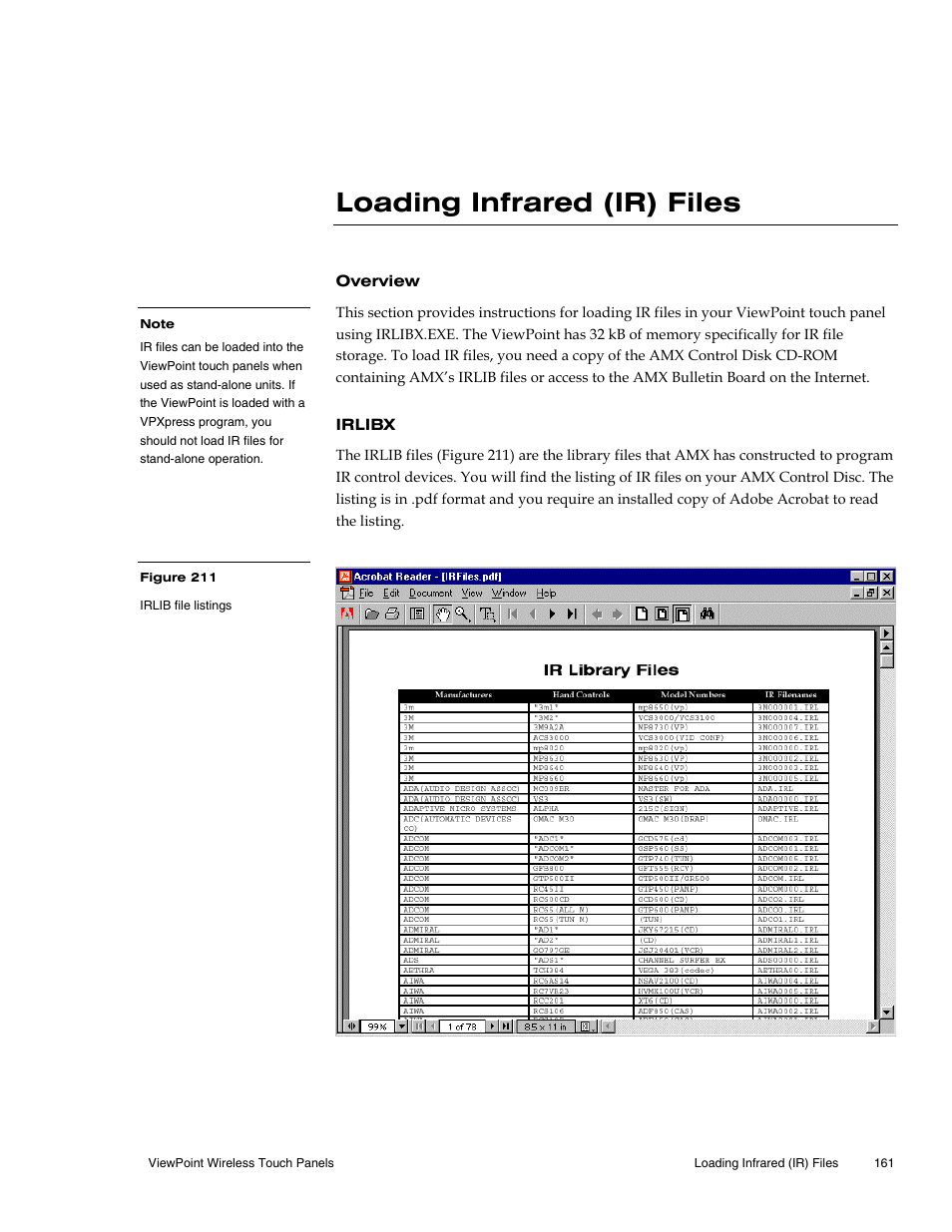 Loading infrared (ir) files, Overview, Irlibx | AMX Wireless Touch Panels (Wave Server) User Manual | Page 171 / 198