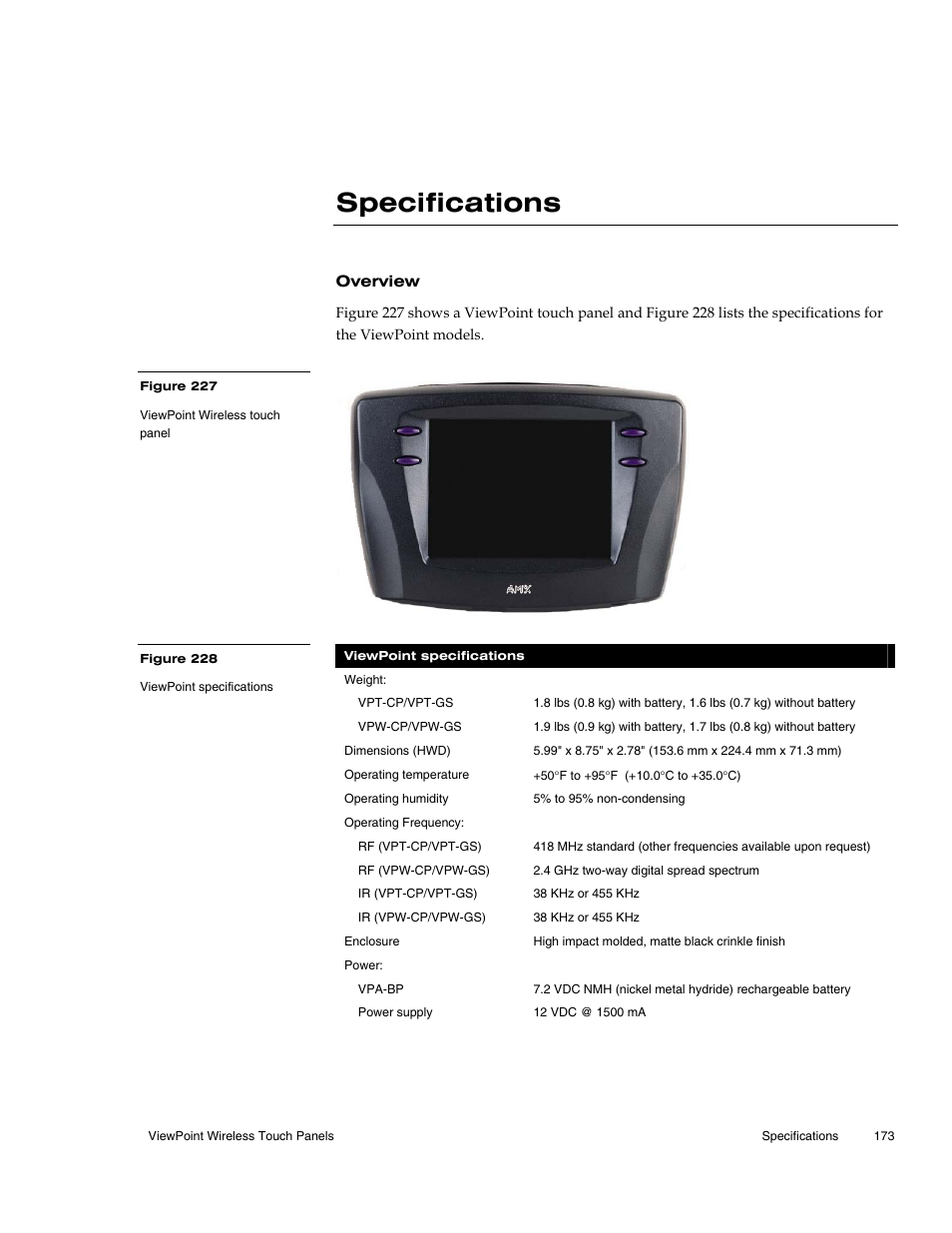 Specifications, Overview | AMX Wireless Touch Panels (Wave Server) User Manual | Page 183 / 198